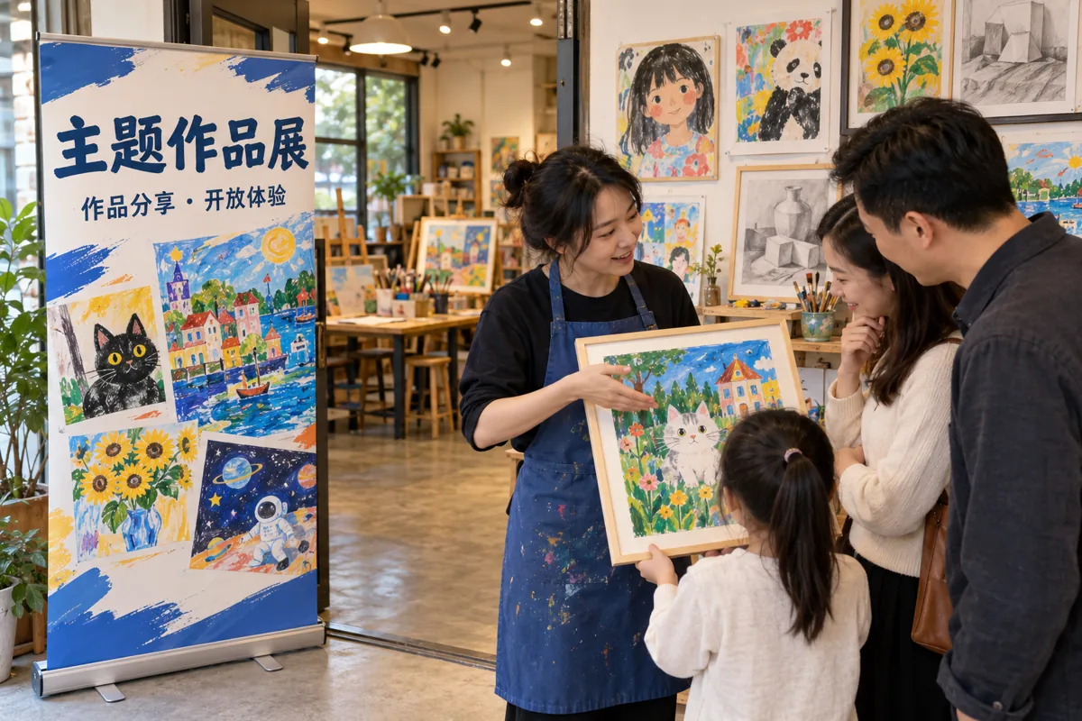主题作品展中，老师向家长介绍学生作品